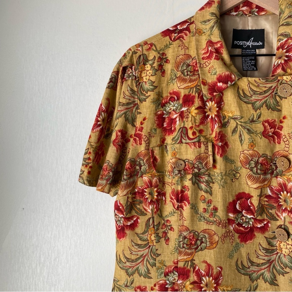 Vintage Floral Print Linen Blend Short Sleeve Button Front Maxi Dress 14 - Picture 3 of 8